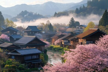 Aufkleber - Cherry blossoms bloom over a serene Japanese village nestled in the mountains during early morning light. Generative AI