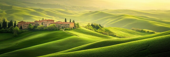 Aufkleber - Stunning green hills of Tuscany with a charming village during golden hour. Generative AI