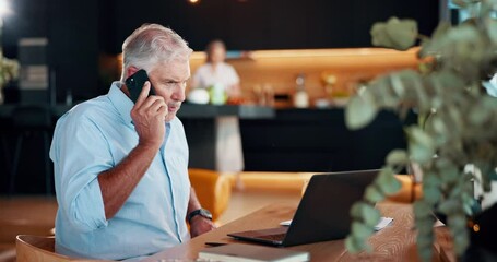 Poster - Businessman, stress and laptop in home with phone call, confused and problem solving for startup. Mature entrepreneur, tech or worry in lounge for small business management, network issue or feedback