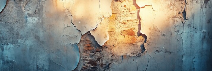 Poster - Ruined buildings with cracked walls illuminated by sunlight showcasing worn textures and spaces for text. Generative AI