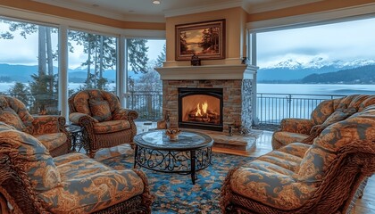 Wall Mural - Living room with fireplace overlooking lake and snowy mountains