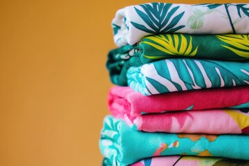 A neatly arranged stack of colorful and patterned towels, folded and layered, offering a fresh and vibrant display against a warm, golden yellow background.