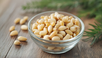 Wall Mural - Pine nuts tasty, fresh, in glass bowl on wooden background (table) close up, horizontal