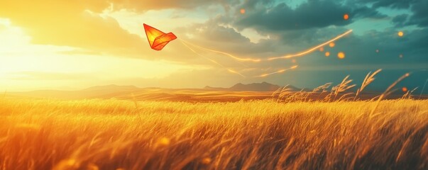 Poster - Red kite flying in golden field at sunset with dramatic sky and colorful clouds