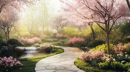 Wall Mural - Enchanted Garden Paradise with Blooming Cherry Blossoms and Winding Stone Pathways Leading to a Hidden Zen Water Feature