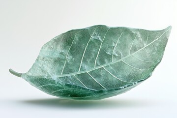 Wall Mural - A single, translucent green leaf floats gently, showcasing intricate veins and delicate texture.