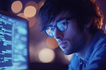 Focused programmer engrossed in coding late at night, illuminated by screen's glow.