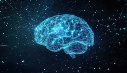 Machine learning,Fog calculations, artificial intelligence, ai, deep learning blockchain neural network concept. Brain made with shining wireframe net graphic abstract background 3d render.