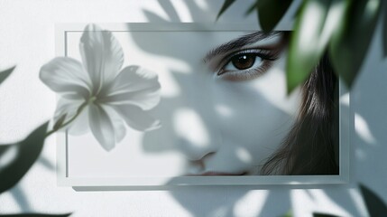 Wall Mural - close-up portrait of a woman's eye with a white flower and soft shadows, minimalist and elegant aest