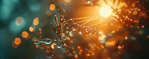Sunlit dew on spider web and leaves in morning glow