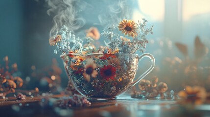 Wall Mural - Ethereal Floral Teacup: A Dreamy Still Life of Dried Flowers and Gentle Steam