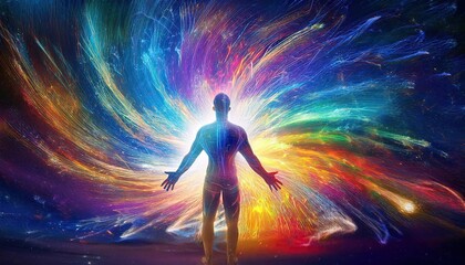 Wall Mural - Surreal Abstraction Reveals a Shifting Human Figure in a Vibrant Cosmic Dimension Filled With Colors