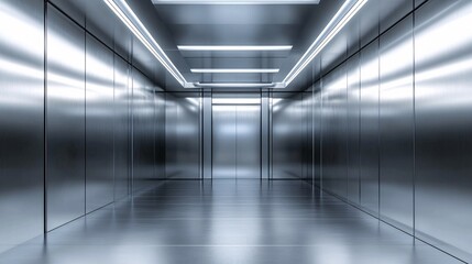  Long Stainless Steel Corridor with Bright Lights, Modern Minimalist Interior Design