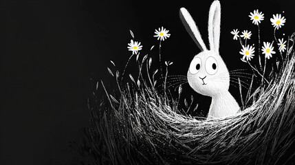 Sticker -   Black & White Rabbit in Daisy Field