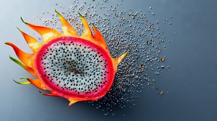 Wall Mural -   A close-up of a Dragon Fruit on a blue surface with sprinkles on top