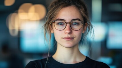 A young female software developer displays focus and confidence in a bright office setting, capturing the essence of modern technology and innovation.