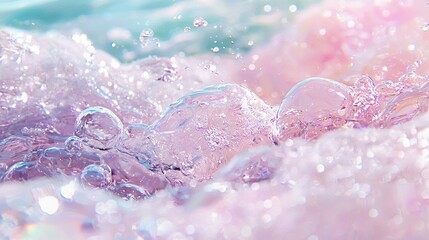 Wall Mural -   Close-up view of water bubbles in blue, pink, and white liquid, filled with light blue bubbles