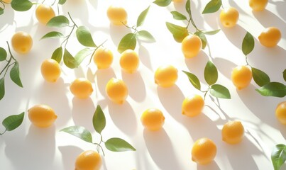 Wall Mural - Bright lemons scattered on a clean white background with delicate leaves, softly illuminated by natural light to create a vibrant and refreshing citrus composition,