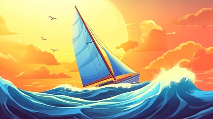 Wall Mural - sailboat sailing on the ocean during a vibrant sunset, peaceful and serene atmosphere