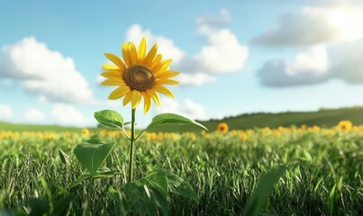 Fototapete - Bright yellow sunflower blooming in a lush green field, sunlight illuminating its vibrant petals and cheerful presence