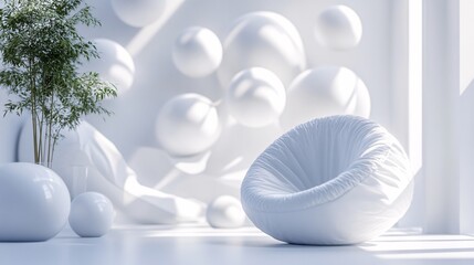 Wall Mural - serene white interior with modern chair and abstract sculptures
