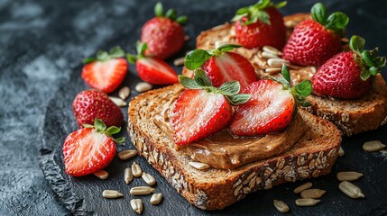 Wall Mural -   Close-up of bread with strawberries and oats