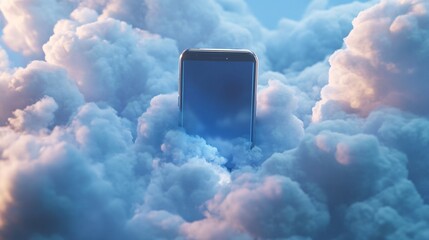 Wall Mural - smartphone emerging from clouds: a digital dreamscape