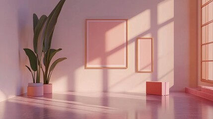 Wall Mural - soft pink minimalist room interior with sunlight and plant