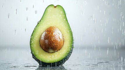 Wall Mural -   An avocado sits atop a table in the rain, with a slice of bread nestled inside