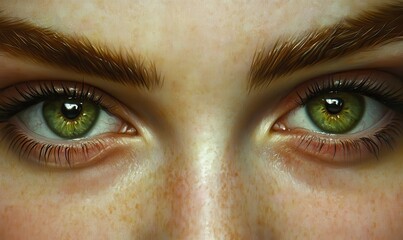 Wall Mural - Intense close-up of striking green eyes framed by natural brows and lashes, illuminated by soft natural light, creating a vivid and captivating portrait