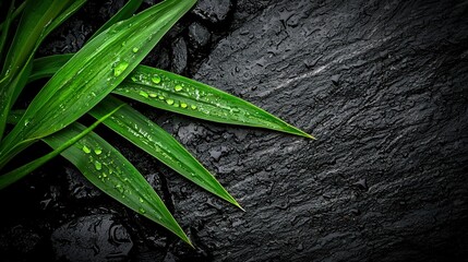 Wall Mural -   Green plant with water droplets on a dark stone wall