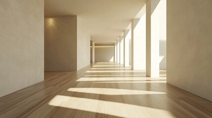 Wall Mural - sunlit minimalist hallway with wooden floor and clean lines