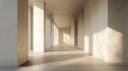 Wall Mural - sunlit minimalist hallway with concrete pillars and wooden floor