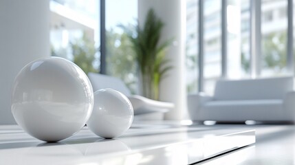 Wall Mural - two white spheres on reflective surface in minimalist modern interior