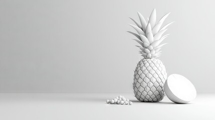 Wall Mural -   A white pineapple sits atop a table, beside a white pill bottle and holder