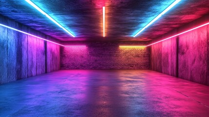 Wall Mural - vibrant neon lights illuminating a dark concrete room