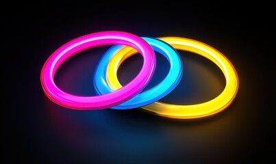 Wall Mural - Glowing neon rings in vibrant pink, blue, and yellow hues against a dark background, creating a futuristic and dynamic composition