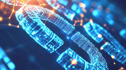 Blockchain Technology: A glowing blockchain rendered in intricate detail, illuminating the interconnectedness of digital data in a vibrant, futuristic display.
