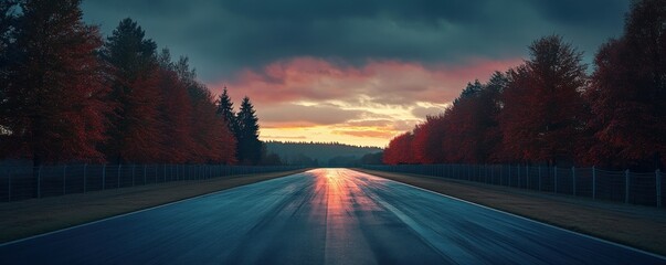 Poster - Serene sunset over empty autumn road surrounded by vibrant red foliage