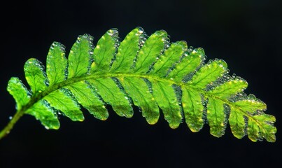 Wall Mural - Macro shot of a vibrant green fern leaf with dew-covered edges, illuminated by soft natural light for a fresh botanical aesthetic