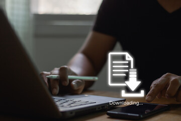 Fototapete - Businessman download files or install software on laptop computer and smartphone, cloud storage technology, data backup, cyber security, document downloading. Transfer files data concept.