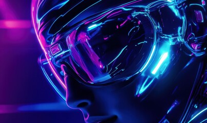 Wall Mural - stylish vr headset user immersed in a futuristic digital world, neon reflections on the visor, sharp