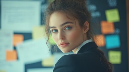 Poster - Determined businesswoman analyzing charts and graphs in a modern office setting during the day