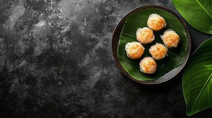 Wall Mural - Top down view of asian dim sum on a green leaf plate on a black texture background with space for text.