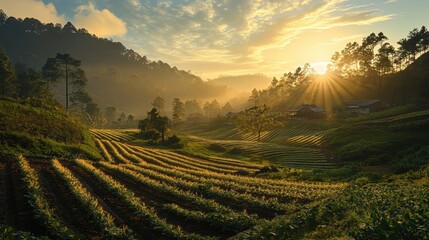 Aufkleber - Morning sunlight sparkles on dew-covered green leaves in a lush garden during the early hours of the day