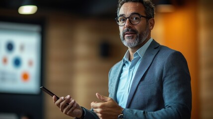 Poster - Engaging presentation by a professional speaker in a modern conference room during a business seminar