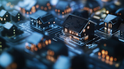 Wall Mural - electronic circuit board and houses - smart contract on the blockchain