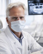 © Olha - Photograph of a professional dentist in a modern dental clinic, wearing a white coat, protective gloves, a face mask, and safety glasses.