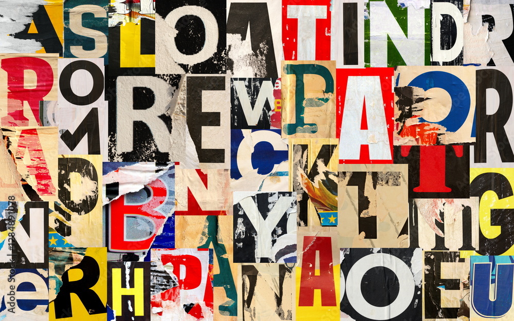 Collage of many different lacerated letters ripped torn advertisement ...