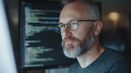 Programmer coding late night, office background